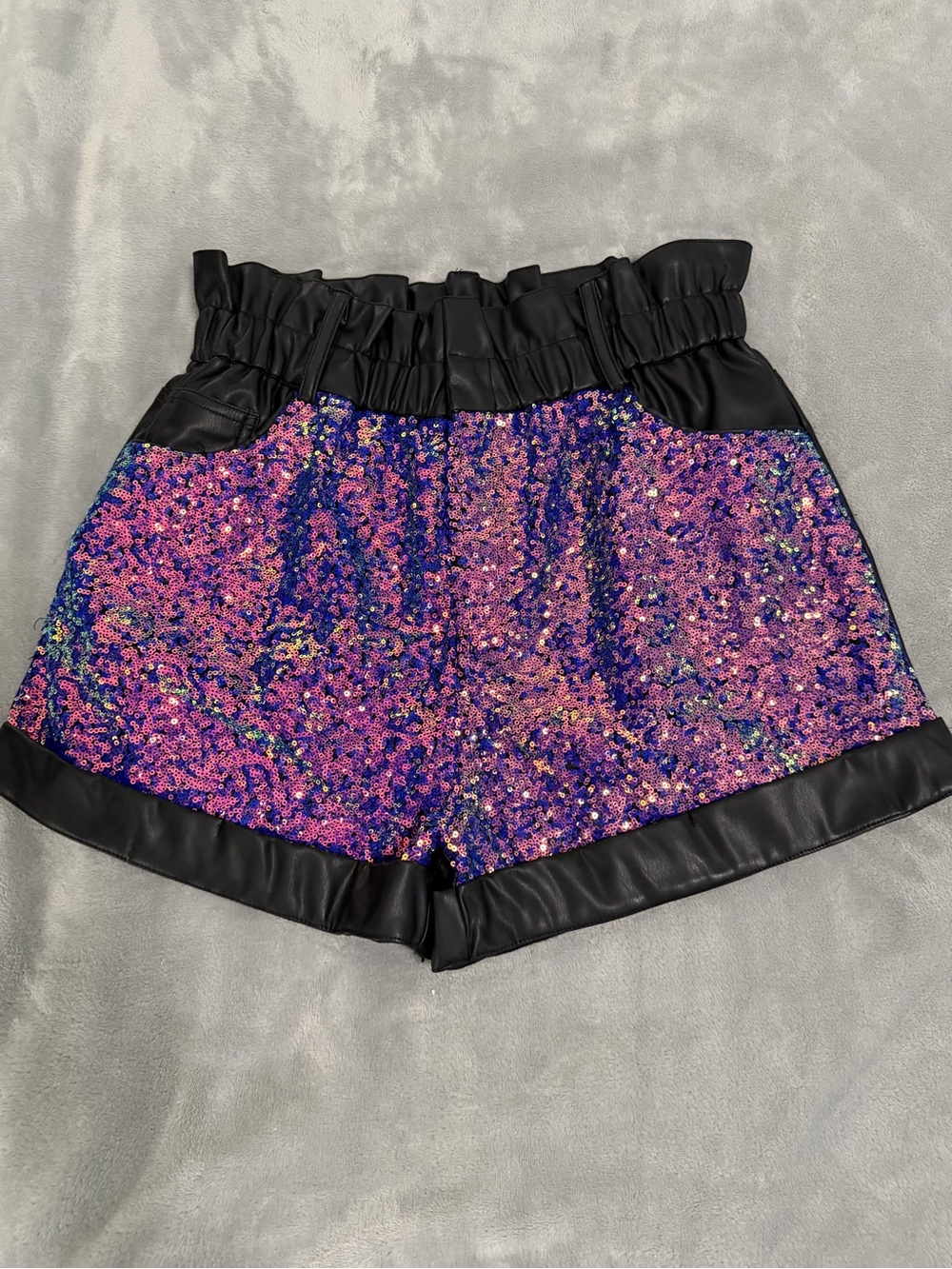 Sequin Paperbag Waist Shorts with Faux Leather Trim - Purple Pink